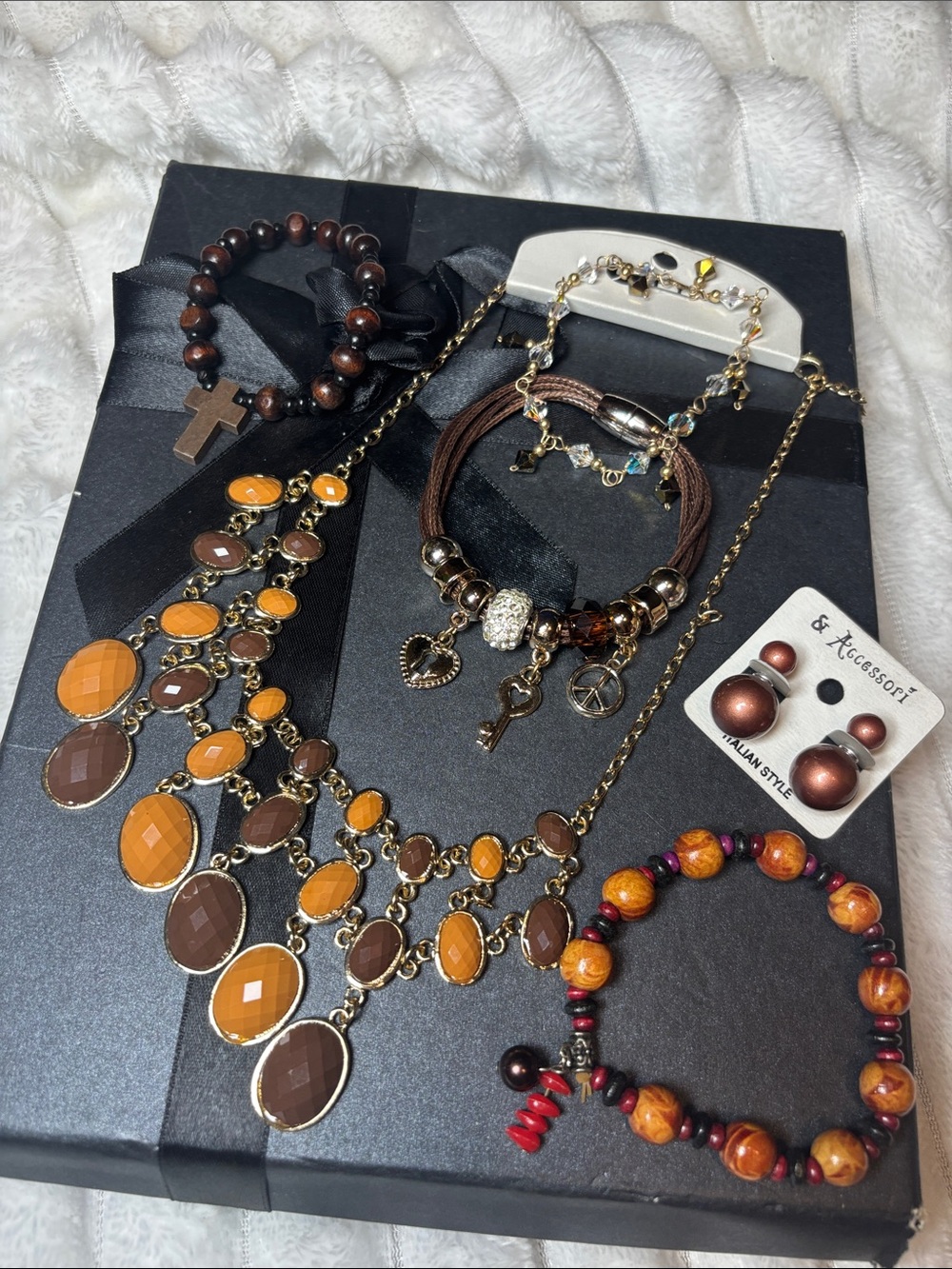 Brown and Amber Statement Necklace and Bracelet Set - Women Jewelry